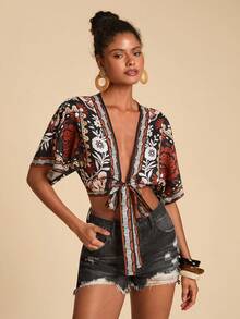 Travachic 印花露肩短款衬衫，系带露脐设计，休闲/节日上衣，新年造型，感恩节，优雅派对，婚礼晚宴，圣诞派对，性感夜店，波西米亚风衬衫，女士裹身式上衣，系带露脐上衣 - 黑色 - 查看 6