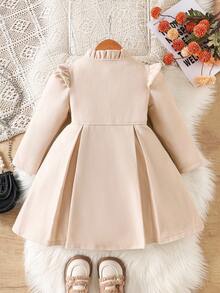 Elladie kids 女童秋冬甜美公主风淡桃色荷叶边领蝴蝶结装饰中长款大衣，韩版甜美风毛呢大衣，适合日常上学、家庭休闲、节日聚会（如生日派对、拜年），实用又时尚