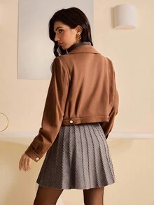 Bluhae Áo khoác nữ tay ngắn chất liệu da lộn, dáng ôm, có túi, cài khóa kéo, dáng suông, thoải mái, thanh lịch, đi làm hàng ngày, dự tiệc, dạo phố, thu đông - Màu Khaki - Xem 2