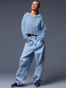 MUSERA 短款宽松针织拉链开衫，春季Y2K 90年代休闲可爱基础款，夏季机场度假返校季冬季日常晚宴派对优雅 - 藍色 - 查看 4