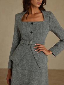 Aveloria Rosie 欧美优雅通勤垫肩方领前开衩下摆修身女士夹克和A字长裙两件套 - 灰色 - 查看 8