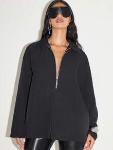 KIZN 四分之一拉链衬衫高领毛衣优雅办公室工作休闲长袖套头衫冬季秋季时尚宽松日常穿着 - 黑色 - 查看 6