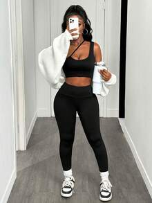 Slaydiva One Shoulder Crop Sports Bra - Black - View 5