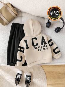 SHEIN 2 件套男婴可爱百搭字母图案连帽衫 + 绿色慢跑裤套装，男女通用秋冬婴儿服装 - 黑色 - 查看 7