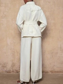 Lumalex VITNOS Women's Cream White Elegant Pointelle Knit Cardigan And Pants Set,Luxury Autumn Long Sleeve Fringe Design Outfits For Tea Party,Casual Comfy - Beige - View 3