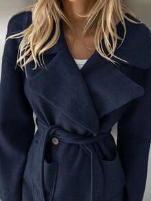 Aloruh 女士厚款翻领口袋宽松大衣，藏蓝色，适合秋冬季穿着 - 藏蓝色 - 查看 8