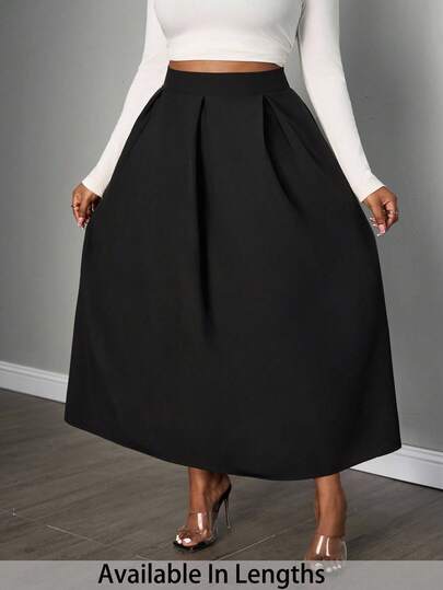 SHEIN PETITE CURVE 大码女式高腰灰色超长褶皱 A 字裙，带口袋和松紧腰带，返校季