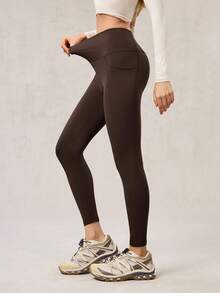 OutZeal 女士健身运动棕色紧身裤，适合普拉提、塑形、提臀等运动，吸汗速干，高腰设计，带口袋。 - 棕色 - 查看 9