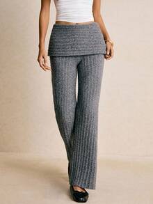 Poéselle Women's Casual Fold-Over Waist Ribbed Knit Pants,Gray Knit Foldover Waist Wide Leg Pants – Comfy High Waisted Sweater Trousers For Women, Y2K Fall 2025,Foldover Waist Knit Pants,Cute Fall Clothes,Grey Ribbed Trousers,Fall Sweater Pants