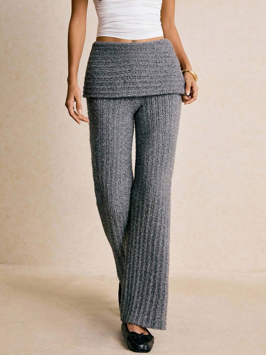 Poéselle Women's Casual Fold-Over Waist Ribbed Knit Pants,Gray Knit Foldover Waist Wide Leg Pants – Comfy High Waisted Sweater Trousers For Women, Y2K Fall 2025,Foldover Waist Knit Pants,Cute Fall Clothes,Grey Ribbed Trousers,Fall Sweater Pants