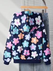 SHEIN 少女花卉印花连帽夹克，秋冬休闲装 - 彩色 - 查看 2