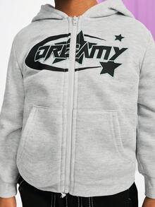 Maija Kids Maija Kids Young Boys Casual Knit Sweatshirt Jacket With Letter Print, Zipper, Pockets, Thermal Lined, Suitable For Autumn/Winter, Weekend, Casual Outing, Back To School - Light Grey - View 12