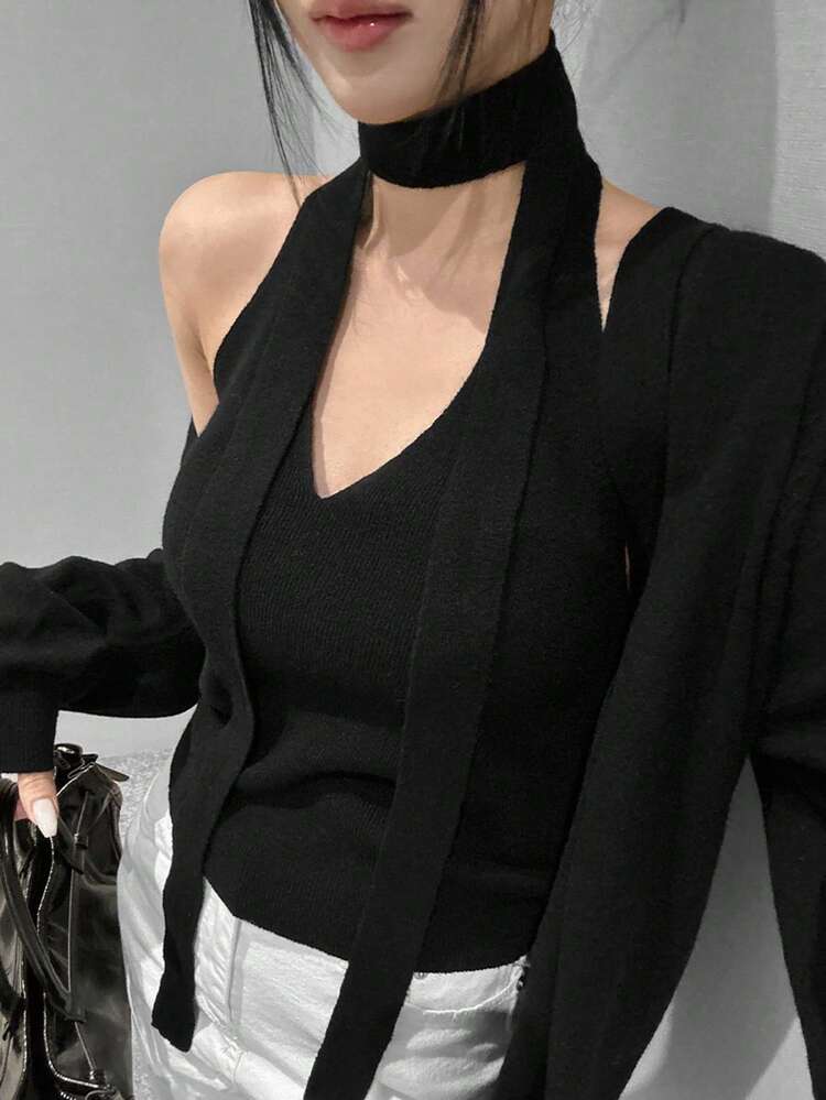 2pcs Women Knitted Cardigan Sweater + Camisole Vest Set, Elegant For Autumn/Winter