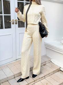 DAZY Women's Casual Everyday Commute Simple Solid Color Turtleneck Cable Knit Sweater And Straight Leg Knit Pants 2 Pieces Set, Autumn/Winter
