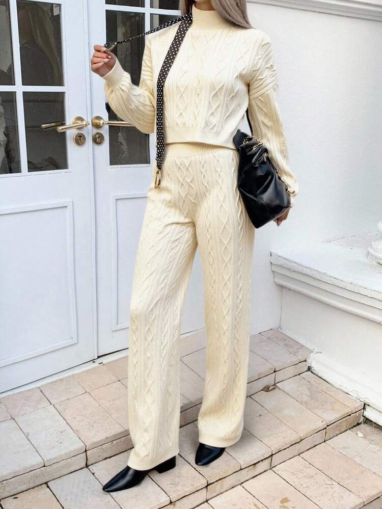 Women's Casual Everyday Commute Simple Solid Color Turtleneck Cable Knit Sweater And Straight Leg Knit Pants 2 Pieces Set, Autumn/Winter