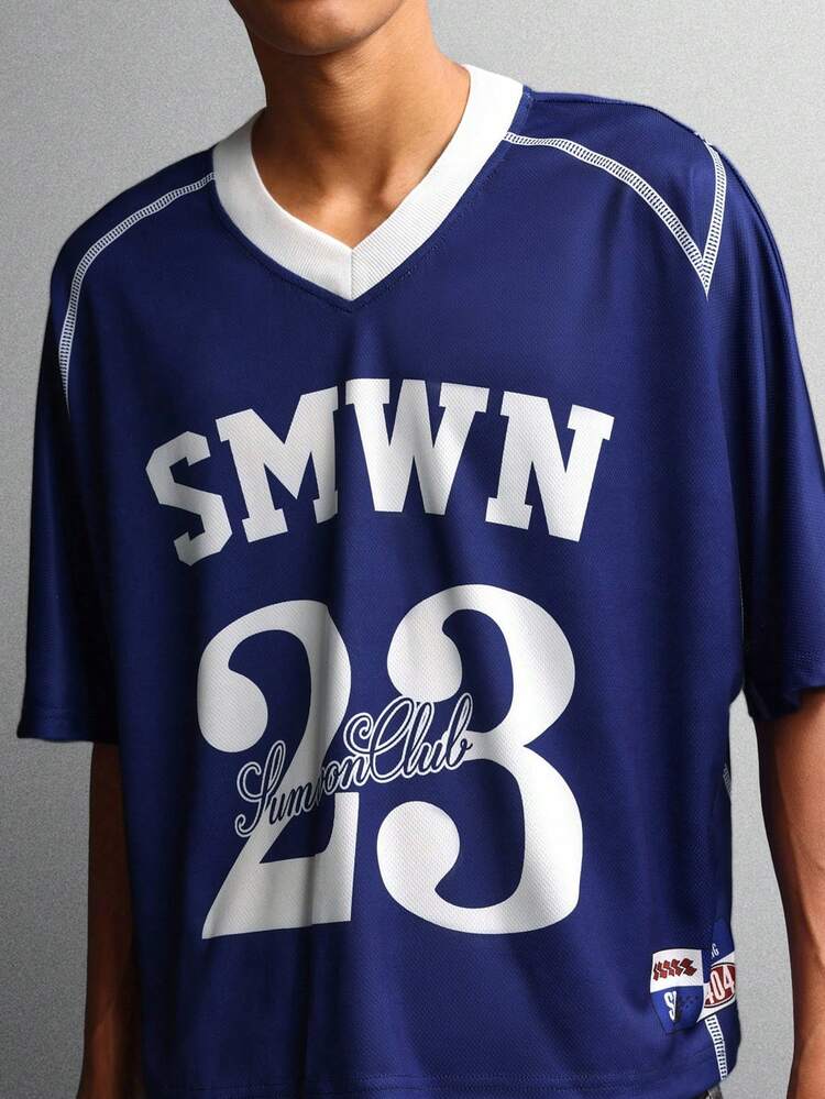 Varsity Jersey V Neck Tee With Number Graphic