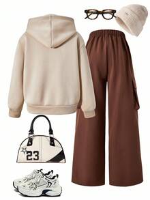 Sparklyn 2 件套青少年女孩字母印花连帽卫衣 + 绿色工装裤休闲街头风格服装，秋冬 - 彩色 - 查看 2