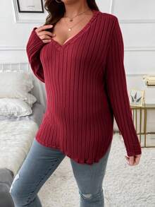 SHEIN 大码纯色 V 领长袖休闲 T 恤