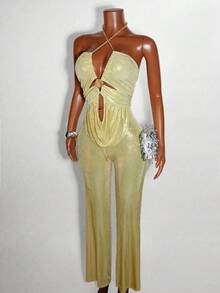 Mistrie Women Metal Decor Fitted Sexy Backless SleevelessMetellic Twisted Asymmetrical Ruched Mini Dress Prom  Jumpsuit - Gold - View 5