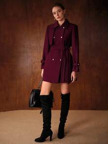 MOTF PREMIUM WOOL ELEGANT DOUBLE BREASTED PLACKET BELTED OVERCOAT, AUTUMN/WINTER - Burgundy - View 4