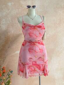 Soleia Plus Size Women Vacation Spaghetti Strap Mini Dress, Draped Neck, Backless, Bowknot , Fishtail, Sexy Style, Mini Dress, Tea Break, Shopping, Romantic, Date, Beach Outfit, Mesh, Young, Girlish - Pink - View 3