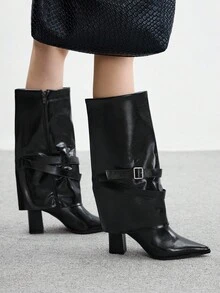 CUCCOO BIZCHIC High Shaft Pointed Toe Chunky Heel Side Zipper European And American Fashion Women Boots - Black - View 3