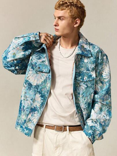 Street Life Veste décontractée à col rabattu, manches longues, zippée, en jacquard floral pour hommes, automne