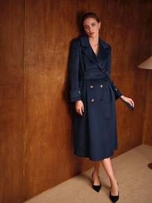 MOTF PREMIUM 羊毛双排扣束带大衣 - 藍色 - 查看 6