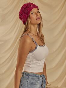 Aralina Fall / Winter Ribbed Fitted Singlet Tank Top With Contrast Plaid Print Binding And Straps Perfect Elevated Basic Tank Top And Going Out Top - White - View 4
