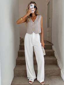 Easowa 女式 V 领不对称下摆金属纽扣前襟休闲宽松通勤复古风格衬衫 - 淺灰色 - 查看 5