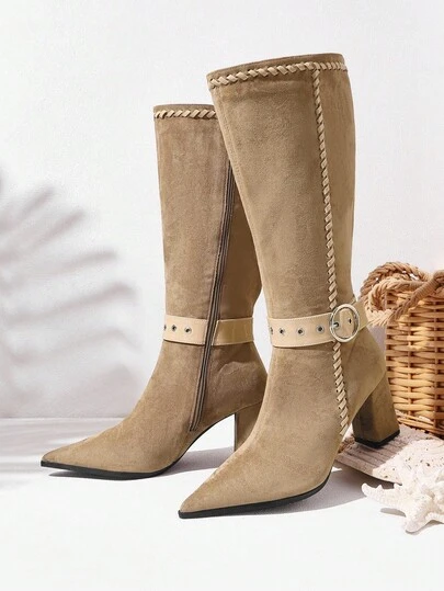 Styleloop Women's High Shaft Pointed Toe Chunky Heel Side Zipper Cowgirl Boots, European And American Fashion , Suitable For Halloween, Christmas, Party, Autumn