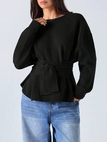 LYSMO Damen Einfarbig Rundhals Langarm Taille Krawatte Lässig Pullover, Herbst/Winter, Drop-Shoulder