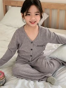 DAZY 少女 V 领罗纹针织长袖上衣和裤子宽松睡衣套装，秋季/春季 - 灰色 - 查看 7