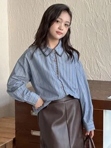 DAZY 女童条纹领长袖梭织衬衫，秋季 - 藍色 - 查看 2