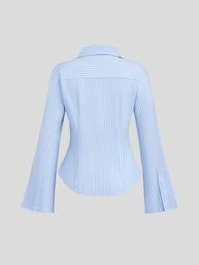 Sweetra Fashionable Striped Textured Fitted Flare Sleeve Women Shirt