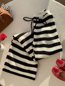 SHEIN EZwear Damen Hose mit Kordelzug in der Taille, gestreift, weites Bein, locker, Lässig, Strick