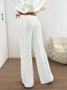SHEIN LUNE Women's White Straight-Leg Pants,Casual Autumn Winter Cable Knit Sweater Pants,Warm Comfy Lounge Holiday Knit Pants For Women - Orange - View 5