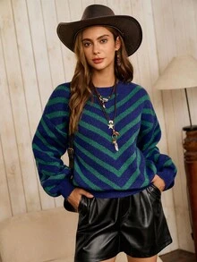 LanaWest Suéter casual de cuello redondo con estampado de rayas para mujer