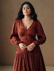 Váy maxi Anewsta cổ chữ V tay bồng viền bèo nhún cổ điển thanh lịch, phù hợp cho mùa thu, đông, đi chơi, trang trọng, tiệc tùng, sang trọng, năm mới, giáng sinh, tốt nghiệp, đám cưới - Rỉ Nâu - Xem 6