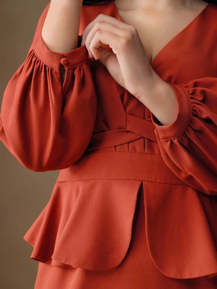 Plus Size Women V-Neck Ruffle Hem Midi Dress, Suitable For Fall, Winter, Spring, New Year, Party, Wedding, Elegant, Chic, Stylish, Casual, Cozy, Graduation, Christmas