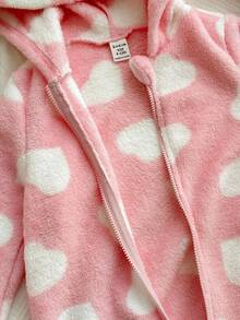 新生女宝宝可爱毛绒爱心图案连帽连体衣，秋冬季宝宝休闲拉链连体衣，女宝宝冬季连体衣，草莓图案婴儿抓绒连体衣 - 粉色 - 查看 7