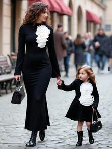 Babygirl Elegant & Cute Casual Black Long Sleeve Knit Dress, Mommy And Me Matching Outfits (2 Pieces Sold Separately) Fall Winter