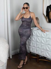 Melissa Matos Women Leopard Print Halter Neck Bodycon Fish Tail Dress Maxi Women Outfit - Multicolor - View 1
