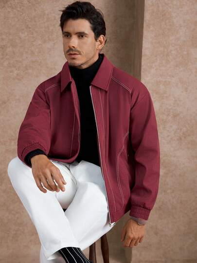 Core Aspect 1 件男士成熟休闲夹克，勃艮第斜纹面料，简约通勤风格，白色撞色缝线，送给男朋友/丈夫的礼物，周年纪念礼物