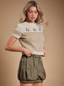 WESTFADE Suéter de punto de manga corta abombada, de corte relajado, con cuello redondo, con diseño de rayas y flores intarsia. Tops lindos para otoño, invierno, uso casual, estilo bohemio, western, para conciertos country.