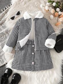 SHEIN Young Girls Cute Houndstooth Collar Fluffy Long Sleeve Jacket Paired With White Undershirt And Comfortable A-Line Skirt Outfit Fall Winter - Black - View 1
