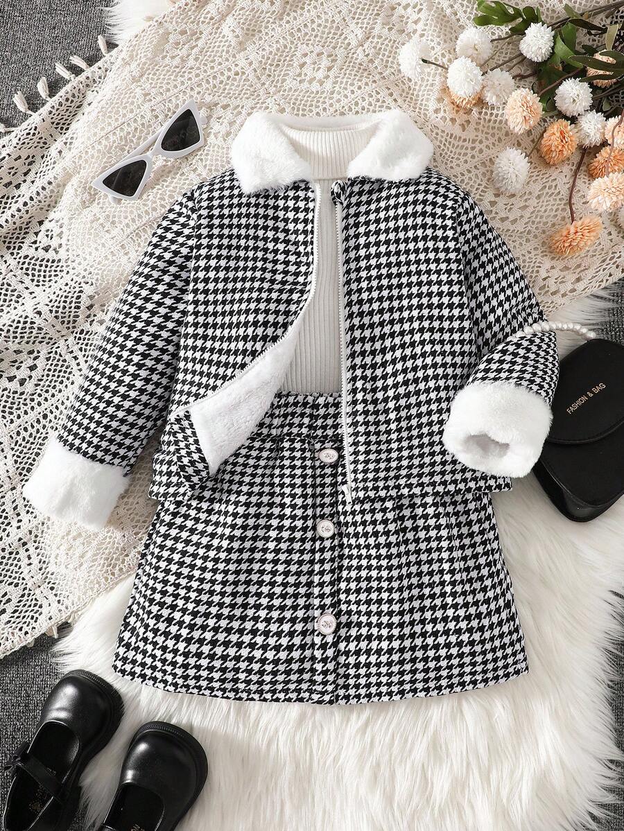 SHEIN Young Girls Cute Houndstooth Collar Fluffy Long Sleeve Jacket Paired With White Undershirt And Comfortable A-Line Skirt Outfit Fall Winter - Black - View 1