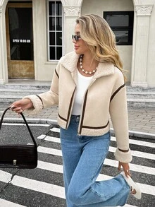 Serisse Women's Regular Fit Faux Suede Fleece Jacket, Suitable For Autumn/Winter Casual