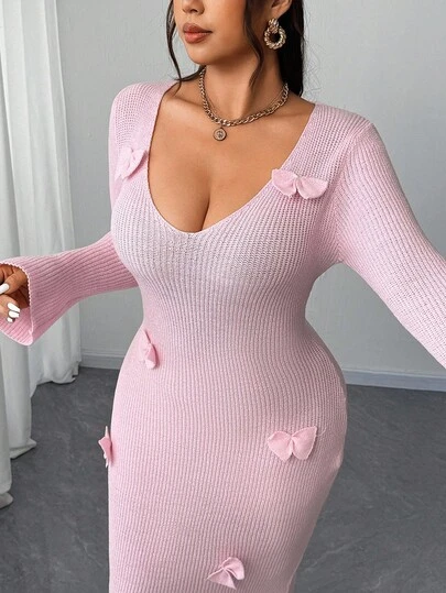 Elenzga Vestido de suéter casual y elegante de color rosa sólido con cuello en V profundo, diseño de lazo tridimensional, mangas acampanadas y talla grande para mujer, para primavera, otoño e invierno