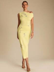Enchnt Women's Yellow Sparkle Floral Rhinestone Knitted Pencil Long Knit Skirt,Elegant Party Chic Autumn Fall/Winter Fashionable For Vacation&Date&Wedding - Yellow - View 6